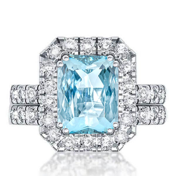 

Radiant Cut Aquamarine Halo Engagement Ring Set, White