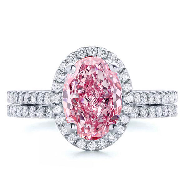 

Halo Oval Cut Pink Sapphire Engagement Ring Set, White