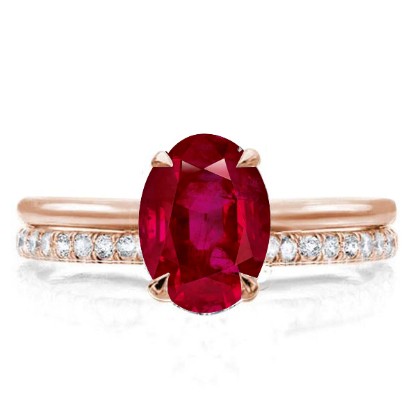 

Rose Gold Oval Cut Ruby Solitaire Engagement Rings Set, White