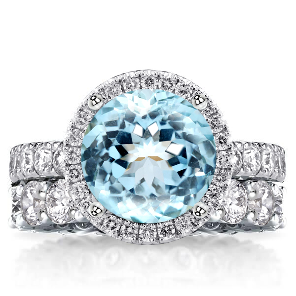 

Aquamarine Halo Eternity Shank Engagement Ring Set, White