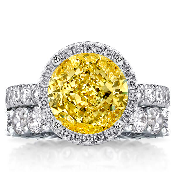 

Halo Round Cut Yellow Topaz Engagement Ring Set With Eterinity Wedding Band, White