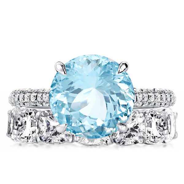 

Aquamarine Engagement Ring Set With Cushion Eternity Wedding Band, White