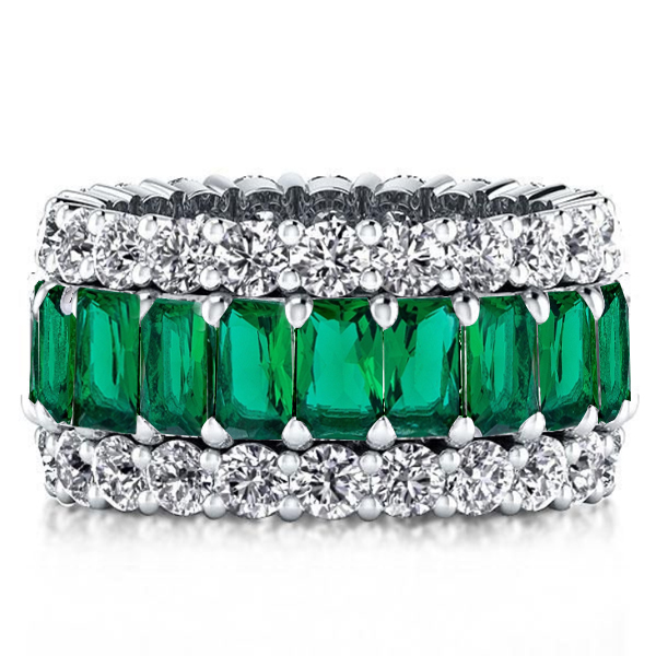 

Triple Row Radiant Cut Emerald Wedding Band For Women, White