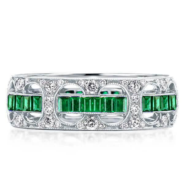 

Emerald Wedding Ring Milgrain Art Deco Eternity Wedding Band, White