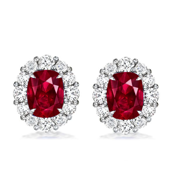 

Halo Cushion Cut Ruby Stud Earrings For Women, White