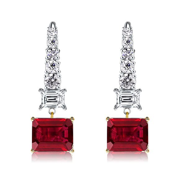 

Italo Two Tone Emerald Cut Ruby Drop Earrings For Women, White