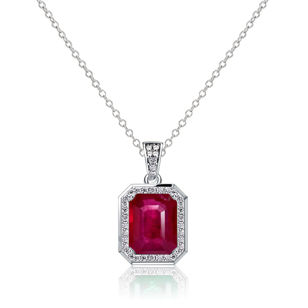 

Halo Emerald Cut Ruby Pendant Necklace For Women, White