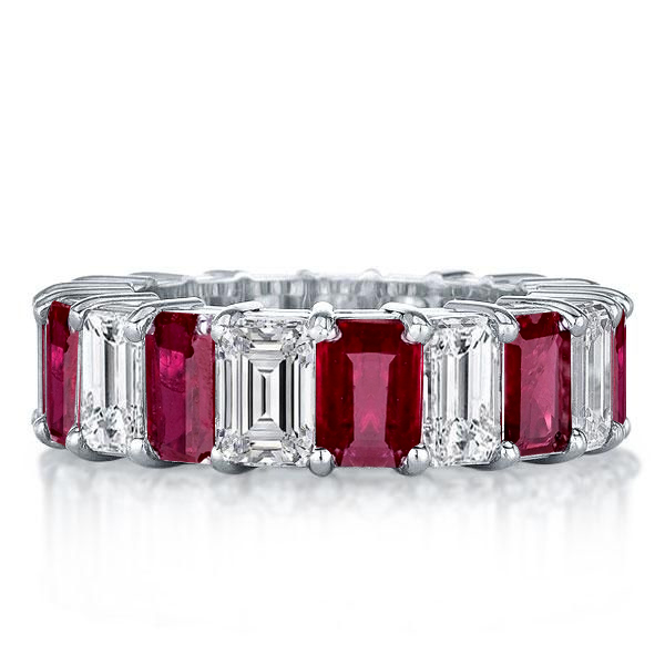 

Emerald Cut Ruby Eternity Wedding Band Ring, White