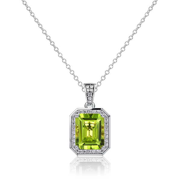 

Italo Halo Peridot Emerald Cut Pendant Necklace For Women, White