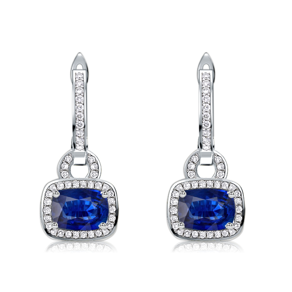 

Italo Halo Cushion Cut Blue Sapphire Drop Earrings For Women, White