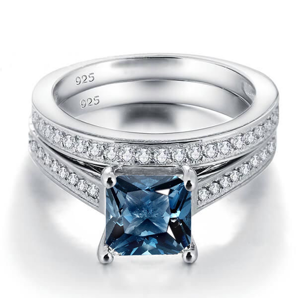 

Italo Princess Cut Blue Topaz Engagement Rings Sets Bridal Set, White