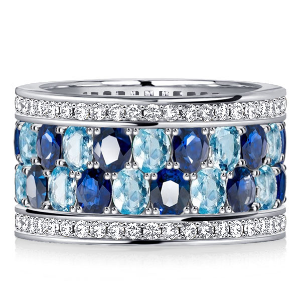 

Italo Oval Cut Blue Multi Row Wedding Band Aquamarine Ring, White