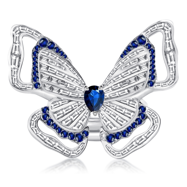 

Pear Cut Double Butterfly Created White & Blue Sapphire Ring Set