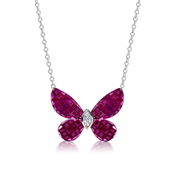

Dancing Butterfly Ruby Sapphire Pendant Necklace For Women, White