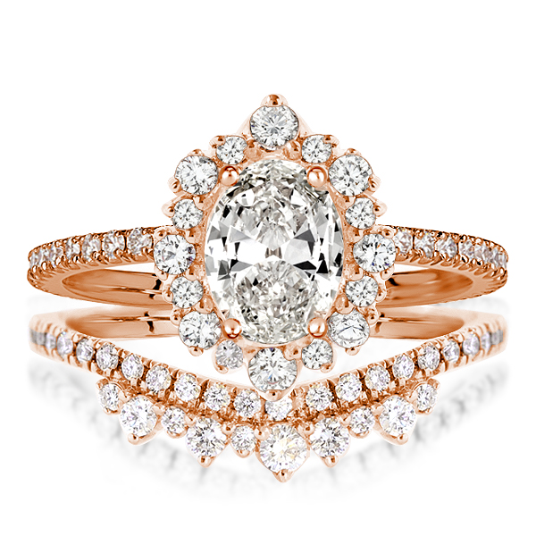 

Rose Gold Halo Oval Cut Bridal Set, White