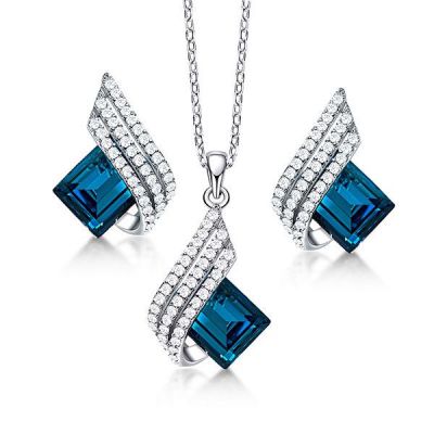 Italo Emerald Cut Blue Topaz Necklace & Earrings Set Jewelry Set