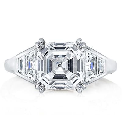 Three Stone Asscher Cut Engagement Ring In Sterling Silver