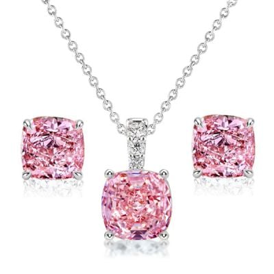 Italo Pink Sapphire Cushion Cut Necklace & Stud Earrings Jewelry Set