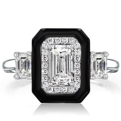 Italo Black Ring Halo Three Stone Emerald Cut Engagement Ring