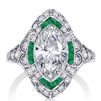 Art Deco Marquise Cut Milgrain Halo Engagement Ring