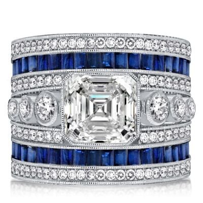 Italo Asscher Cut Blue Sapphire Art Deco Ring Cocktail Ring