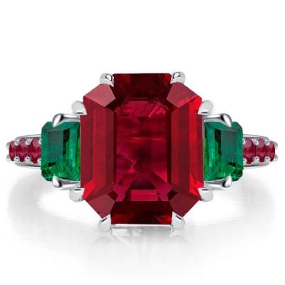 Italo Ruby Ring Emerald Cut Unique Engagement Ring Three Stone Ring