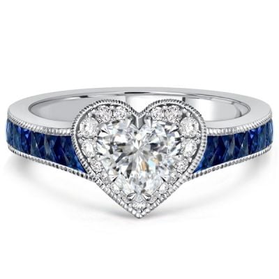 Italo Milgrain Blue Sapphire Heart Cut Halo Engagement Ring