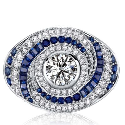 Italo Spiral Design White & Blue Sapphire Engagement Rings Cocktail Ring