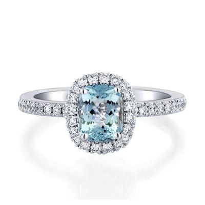 Italo Halo Aquamarine Ring Cushion Cut Engagement Ring