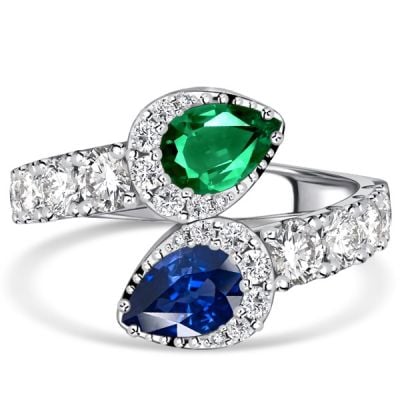 Italo Pear Cut Teardrop Ring Emerald & Blue Sapphire Ring