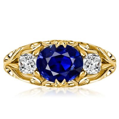 Italo Blue Sapphire East West Oval Cut Filigree Vintage Engagement Ring