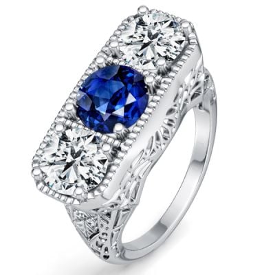 Italo 3 Stone Antique Blue & White Sapphire Filigree Unique Engagement Rings