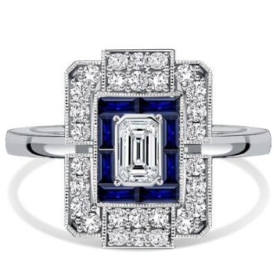 Italo Elongated Antique Baguette Cut White & Blue Sapphire Ring