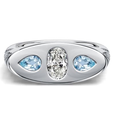 Italo Filigree Oval Cut Aquamarine Three Stone Engagement Ring For Women