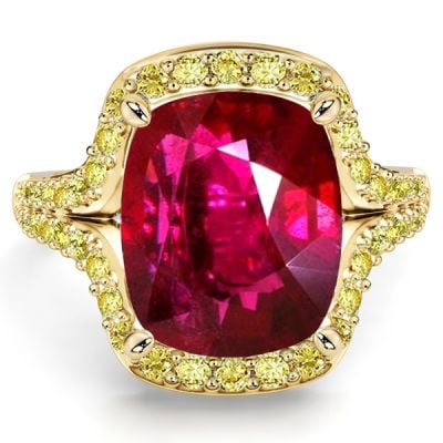Italo Elongated Split Shank Yellow Topaz Halo Cushion Cut Ruby Ring