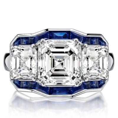 Italo Halo Asscher Cut Blue Sapphire Three Stone Engagement Ring For Women