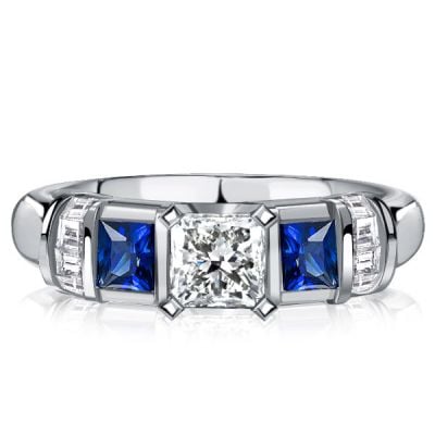 Italo Princess Cut Blue Sapphire Three Stone Engagement Ring For Women