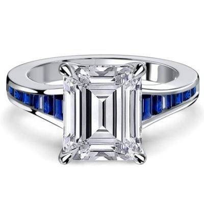 Italo Channel Set Blue Sapphire Emerald Cut Engagement Ring For Women