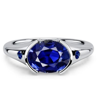 Italo Half-bezel Oval Cut Blue Sapphire Three Stone Engagement Ring For Women