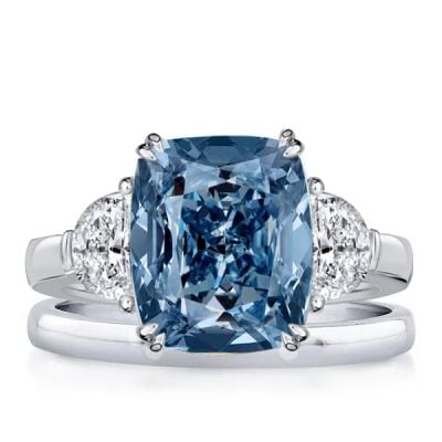 Italo Three Stone Cushion Cut Blue Topaz Engagement Ring Sets For Women