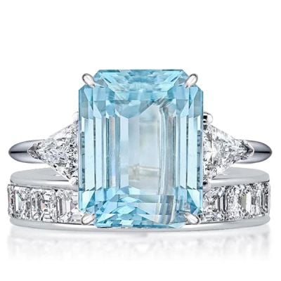 Italo Emerald Cut Aquamarine Three Stone Engagement Ring Sets For Women