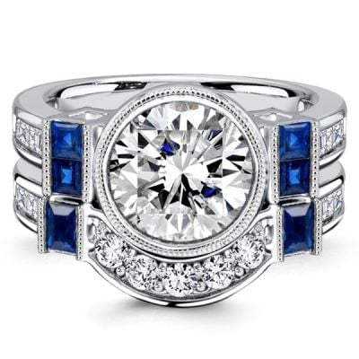 Italo Blue & White Sapphire 2 Carat Round Cut Vintage Engagement Ring Set