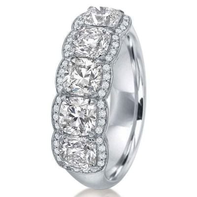 Halo Cushion Created White Sapphire Wedding Band Five Stone Ring