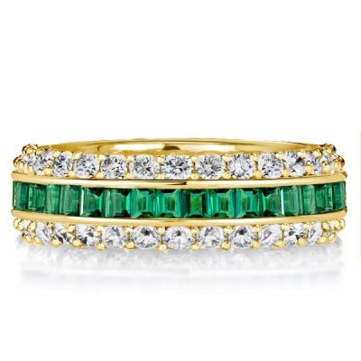 Triple Row Created White & Green Eternity Wedding Band For Women