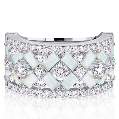 Multi Row Baguette Opal Half Eternity Wedding Band For Women