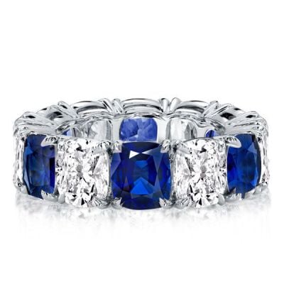 Classic Blue & White Cushion Eternity Wedding Band For Women