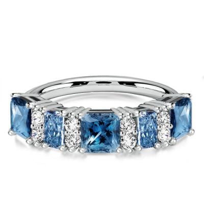 Italo Princess Cut FIve Stone Blue Topaz Wedding Band Stacking Ring