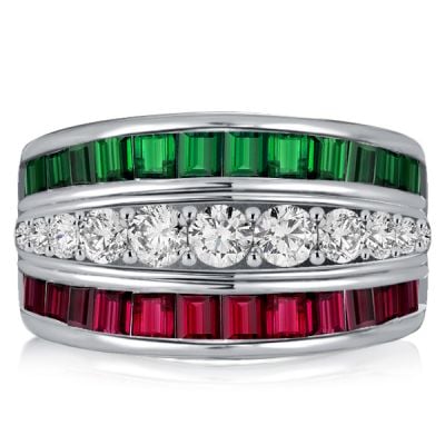 Italo Triple Row Emerald Green Wedding Band Ruby Ring