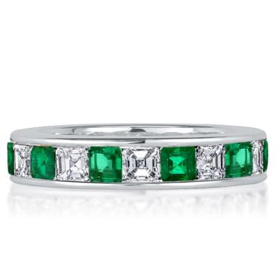 Italo Asscher Cut Emerald Green Ring Eternity Band For Women