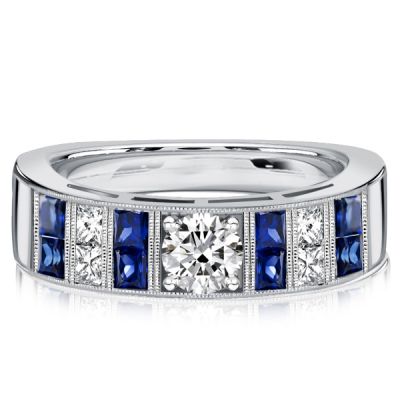 Italo Princess Cut White & Blue Sapphire Wedding Bands For Women